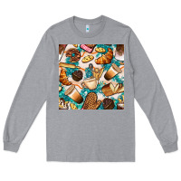 Heather Grey bakery coffee cups cookie and donut with turquoise glitter seamless pa Long Sleeve Tee - BundleAndBundleShop