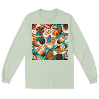 Matcha bakery coffee cups cookie and donut with turquoise glitter seamless pa Long Sleeve Tee - BundleAndBundleShop