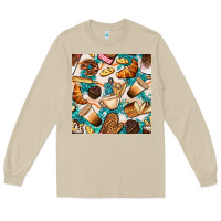 Mushroom bakery coffee cups cookie and donut with turquoise glitter seamless pa Long Sleeve Tee - BundleAndBundleShop