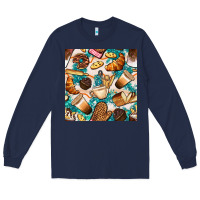 Navy bakery coffee cups cookie and donut with turquoise glitter seamless pa Long Sleeve Tee - BundleAndBundleShop