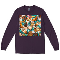 Plum bakery coffee cups cookie and donut with turquoise glitter seamless pa Long Sleeve Tee - BundleAndBundleShop