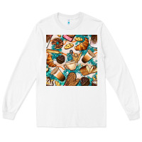 White bakery coffee cups cookie and donut with turquoise glitter seamless pa Long Sleeve Tee - BundleAndBundleShop