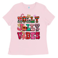 Bubblegum Pink holly jolly vibes pink christmas Ladies Tee - CowGirlArtShop