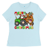 Baby Blue merry christmas crew tractor Ladies Tee - CowGirlArtShop