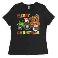 Black merry christmas crew tractor Ladies Tee - CowGirlArtShop