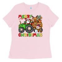 Bubblegum Pink merry christmas crew tractor Ladies Tee - CowGirlArtShop