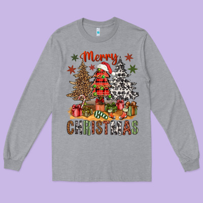 Merry Christmas With Western Trees Bbs Long Sleeve Tee Designed By Bundleandbundleshop