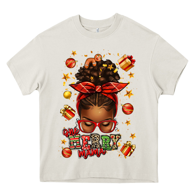 One Merry Mama Christmas Afro Messy Bun Heavy Core Tee by texasbilliewilder | Teevron