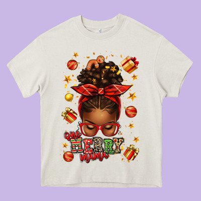 One Merry Mama Christmas Afro Messy Bun Heavy Core Tee Designed By Texasbilliewilder