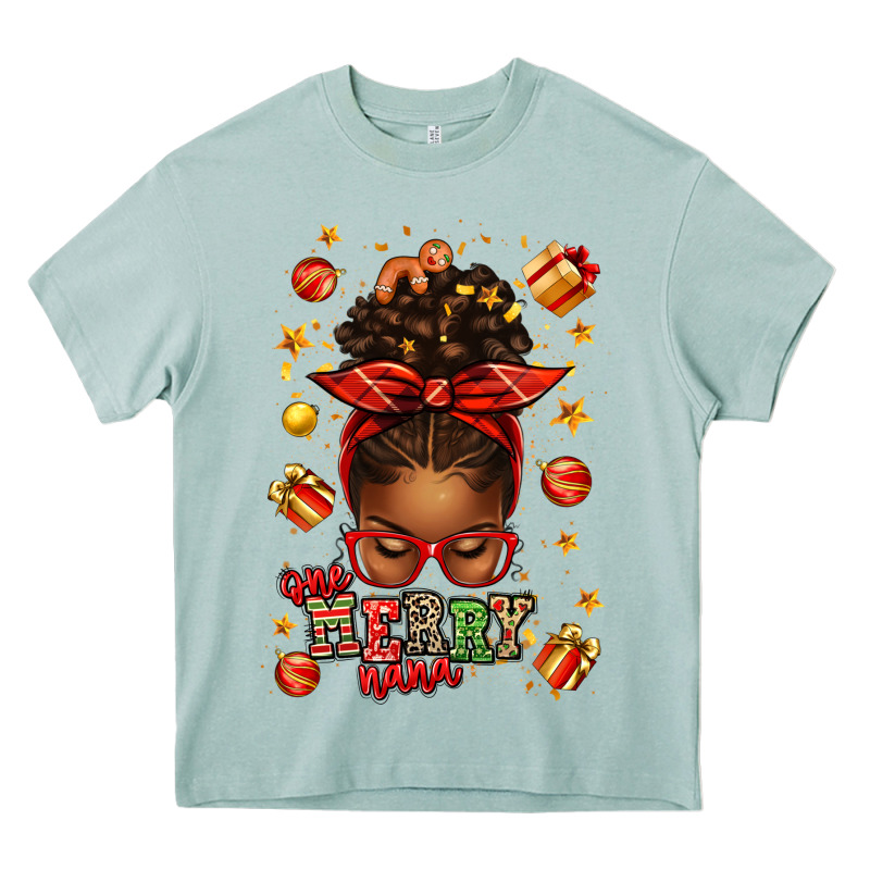 One Merry Nana Christmas Afro Messy Bun Heavy Core Tee by texasbilliewilder | Teevron