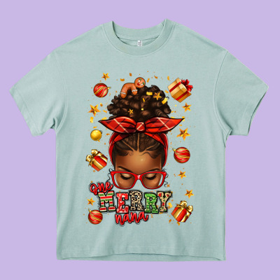 One Merry Nana Christmas Afro Messy Bun Heavy Core Tee Designed By Texasbilliewilder