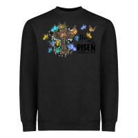Black he is risen matthew 28 6 cross with butterflies cowhide background Heavyweight Sweatshirt - BarkalooDesign