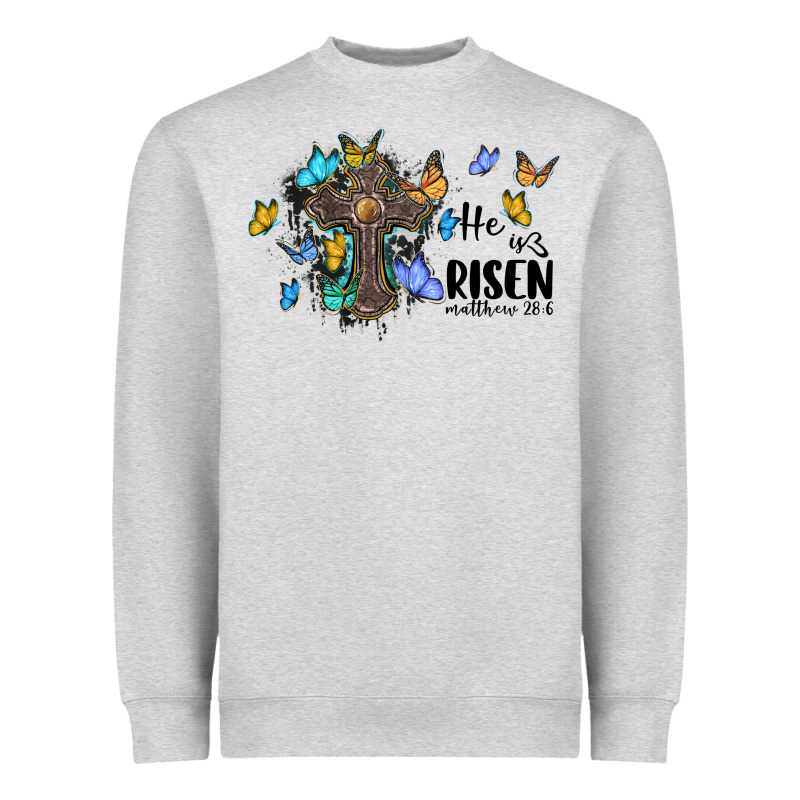 He Is Risen Matthew 28 6 Cross With Butterflies Cowhide Background Heavyweight Sweatshirt by BarkalooDesign | Teevron