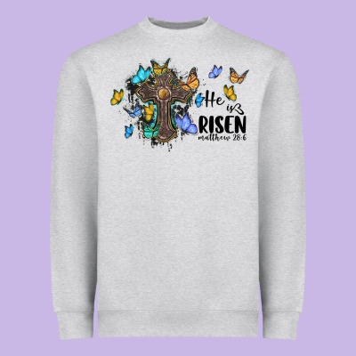 He Is Risen Matthew 28 6 Cross With Butterflies Cowhide Background Heavyweight Sweatshirt Designed By Barkaloodesign