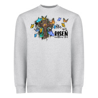Heather Grey he is risen matthew 28 6 cross with butterflies cowhide background Heavyweight Sweatshirt - BarkalooDesign