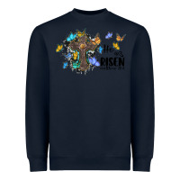 Navy he is risen matthew 28 6 cross with butterflies cowhide background Heavyweight Sweatshirt - BarkalooDesign