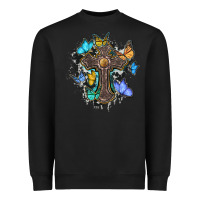 Black cross with butterflies cowhide background Heavyweight Sweatshirt - BarkalooDesign