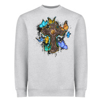 Heather Grey cross with butterflies cowhide background Heavyweight Sweatshirt - BarkalooDesign