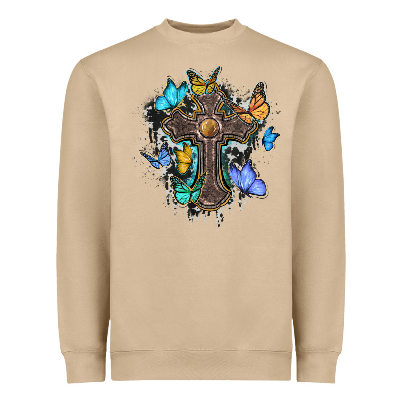 Cross With Butterflies Cowhide Background Heavyweight Sweatshirt by BarkalooDesign | Teevron