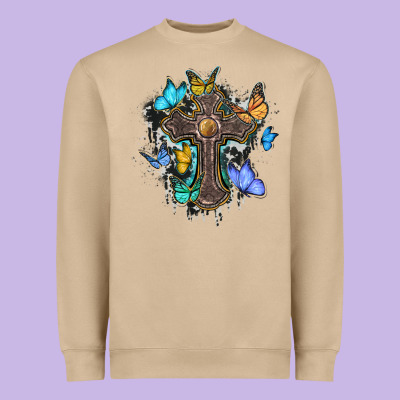 Cross With Butterflies Cowhide Background Heavyweight Sweatshirt Designed By Barkaloodesign