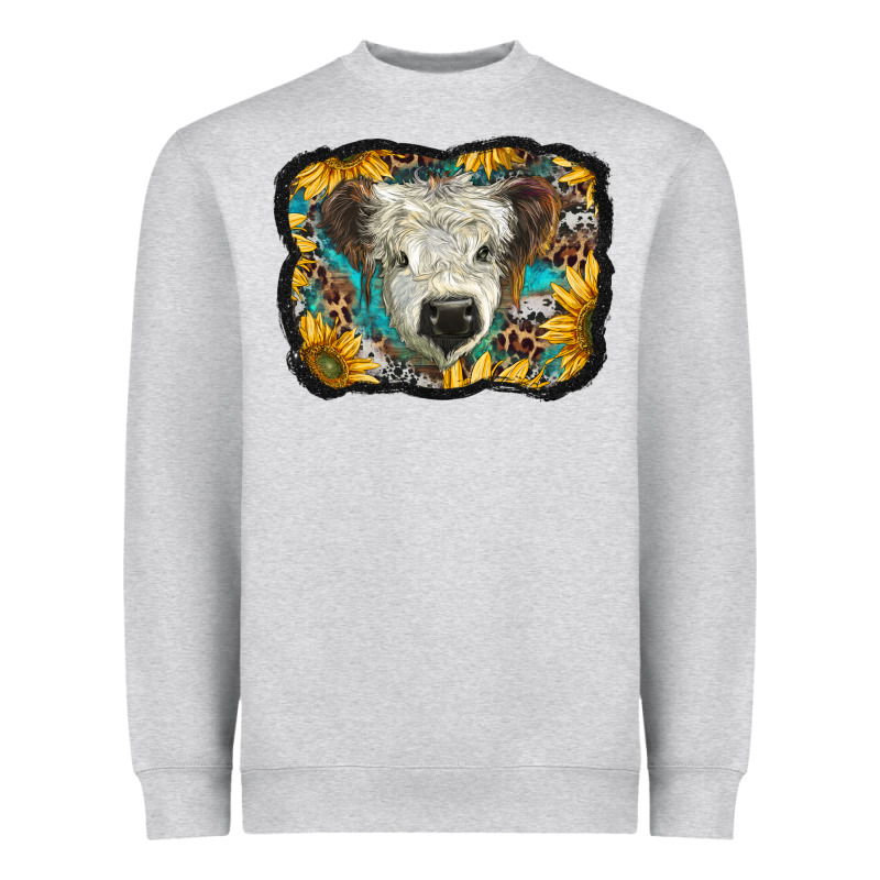 White Scottish Calf With Sunflowers Western  Background Heavyweight Sweatshirt by BarkalooDesign | Teevron
