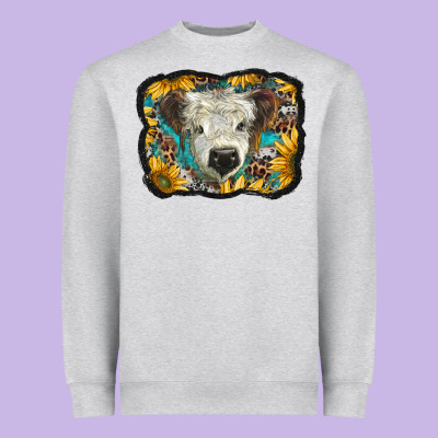 White Scottish Calf With Sunflowers Western  Background Heavyweight Sweatshirt Designed By Barkaloodesign