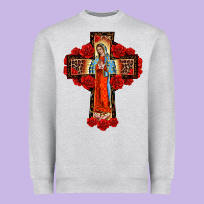 Lady Of Guadalupe Rose Cross, Heavyweight Sweatshirt Designed By Barkaloodesign