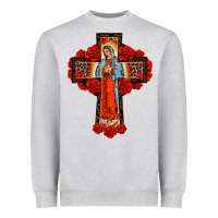 Heather Grey lady of guadalupe rose cross, Heavyweight Sweatshirt - BarkalooDesign
