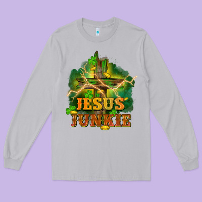 Jesus Junkie St. Patricks Day Long Sleeve Tee Designed By Fadigitalartstudio