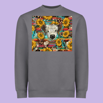 White Scottish Calf And Sunflowers Heavyweight Sweatshirt Designed By Barkaloodesign