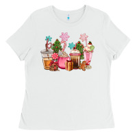 White pink christmas coffe cups Ladies Tee - CowGirlArtShop