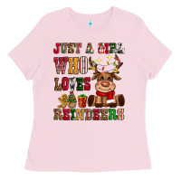 Bubblegum Pink just a girl who loves reindeers Ladies Tee - CowGirlArtShop