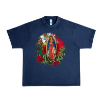 Navy Our Lady Of Guadalupe Mexican Flag Cactus Roses Urban Heavy Tee - FaDigitalArtStudio