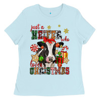 Baby Blue just a heifer who loves christmas cow Ladies Tee - CowGirlArtShop