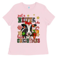 Bubblegum Pink just a heifer who loves christmas cow Ladies Tee - CowGirlArtShop