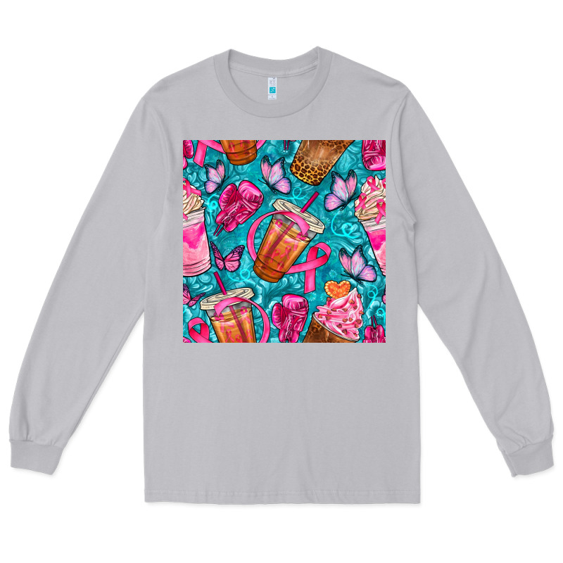 Breast Cancer Coffee Cups With Butterfly Seamless Pattern Bbs Long Sleeve Tee by BundleAndBundleShop | Teevron