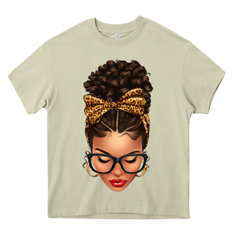 Light Skin Afro Messy Bun Leopard Bow Heavy Core Tee by texasbilliewilder | Teevron
