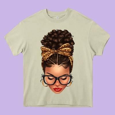 Light Skin Afro Messy Bun Leopard Bow Heavy Core Tee Designed By Texasbilliewilder