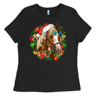 Black horse christmas wreath Ladies Tee - CowGirlArtShop