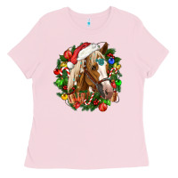 Bubblegum Pink horse christmas wreath Ladies Tee - CowGirlArtShop