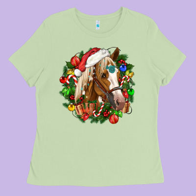 Horse Christmas Wreath Ladies Tee Designed By Cowgirlartshop