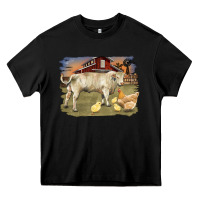 Black charolaris bull and chicken in barnyard Heavy Core Tee - RanaPortraitStore