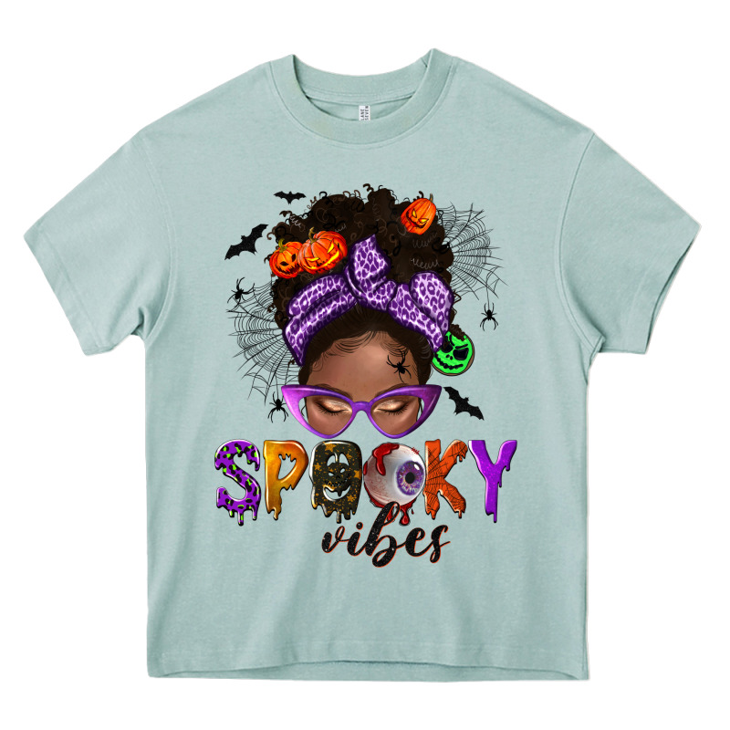 Spooky Vibes Afro Messy Bun Heavy Core Tee by NancyCooperArtShop | Teevron