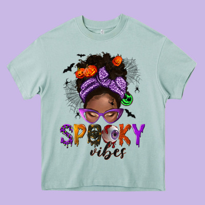 Spooky Vibes Afro Messy Bun Heavy Core Tee Designed By Nancycooperartshop