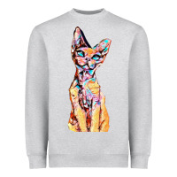 Heather Grey Colorful Cat Heavyweight Sweatshirt - PixelFlow