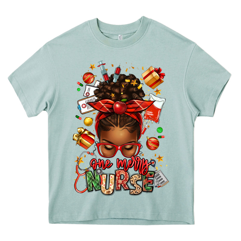 One Merry Nurse Afro Messy Bun Heavy Core Tee by texasbilliewilder | Teevron