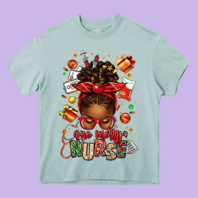 One Merry Nurse Afro Messy Bun Heavy Core Tee Designed By Texasbilliewilder