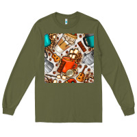 Army Green camping coffee cups marshmallow and moka pot with leopard seamless pat Long Sleeve Tee - BundleAndBundleShop