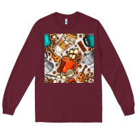 Burgundy camping coffee cups marshmallow and moka pot with leopard seamless pat Long Sleeve Tee - BundleAndBundleShop