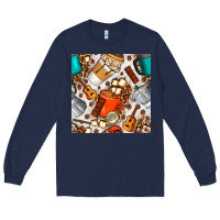 Navy camping coffee cups marshmallow and moka pot with leopard seamless pat Long Sleeve Tee - BundleAndBundleShop